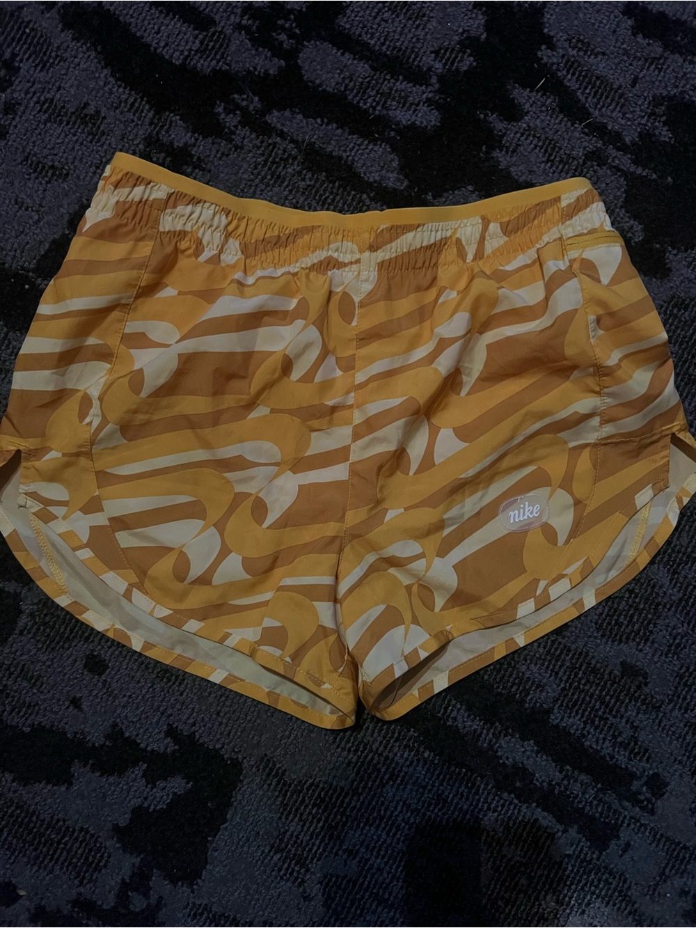 Nike Women's Mustard Yellow Swirl Print Athletic Shorts